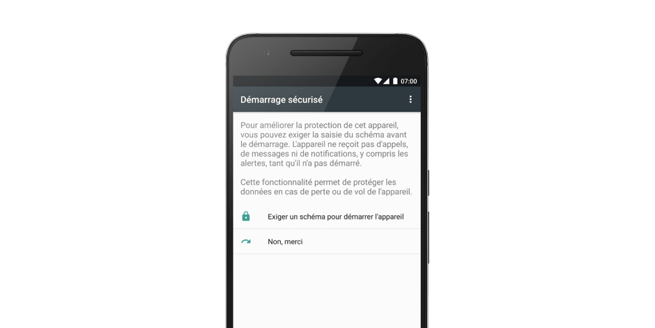 Depuis Android 5.0, l'écran de démarrage sécurisé est optionnel