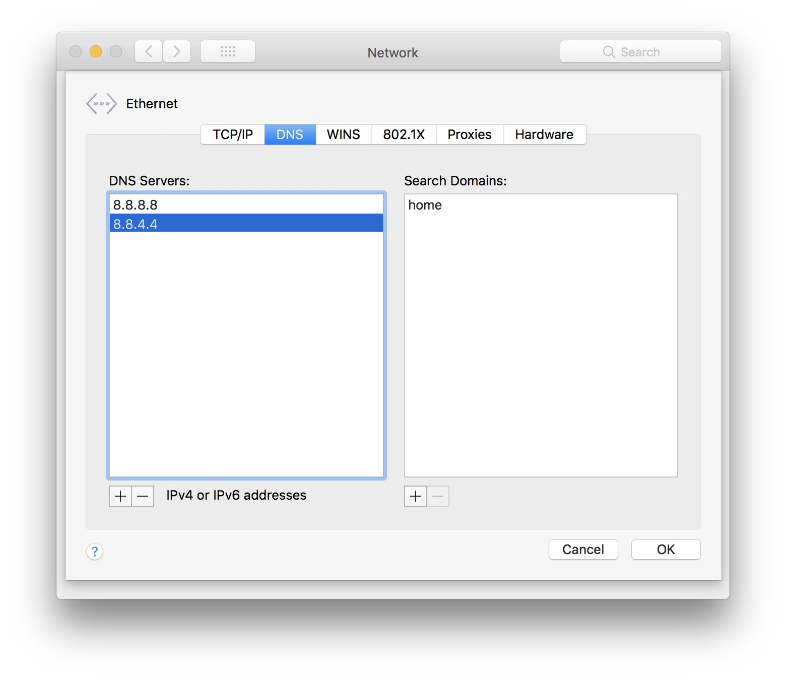 L'écran de configuration des DNS sur Mac (iMac / Macbook)
